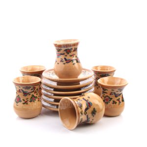 فنجان و نعلبکی سفالی نقاشی زیر لعابی قهوه ای روشن طرح سهره